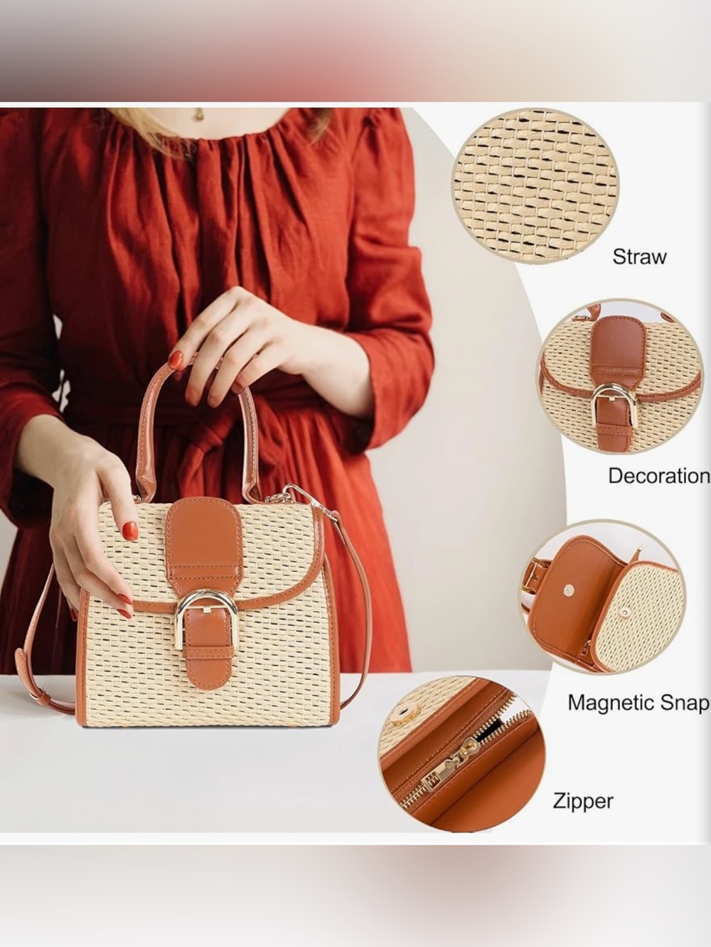 Retro Straw Woven Handbag Womens Small Cross Body Bag Shoulder Messenger Satchel - Picture 4 of 7